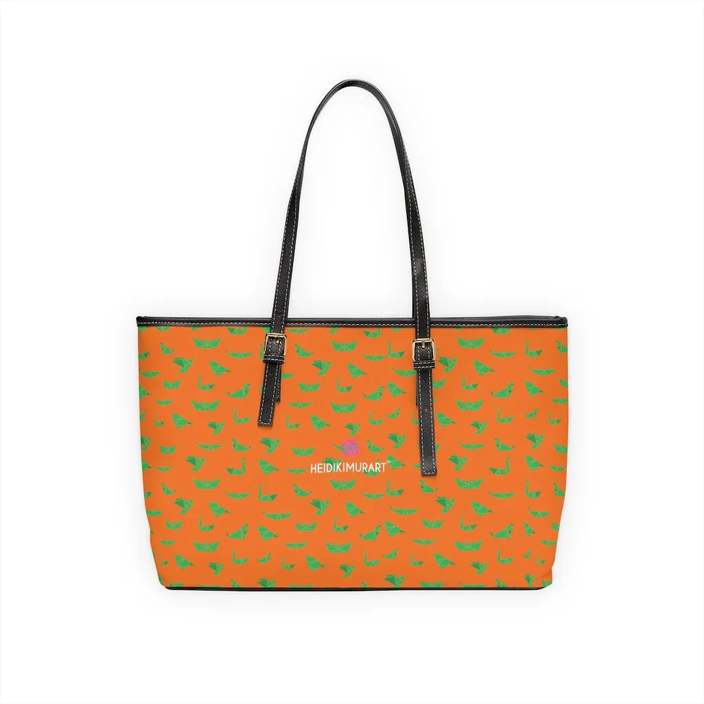 Orange Green Crane Tote Bag, Japanese Style Best PU Leather Shoulder Hand Work Bag 17"x11"/ 16"x10"