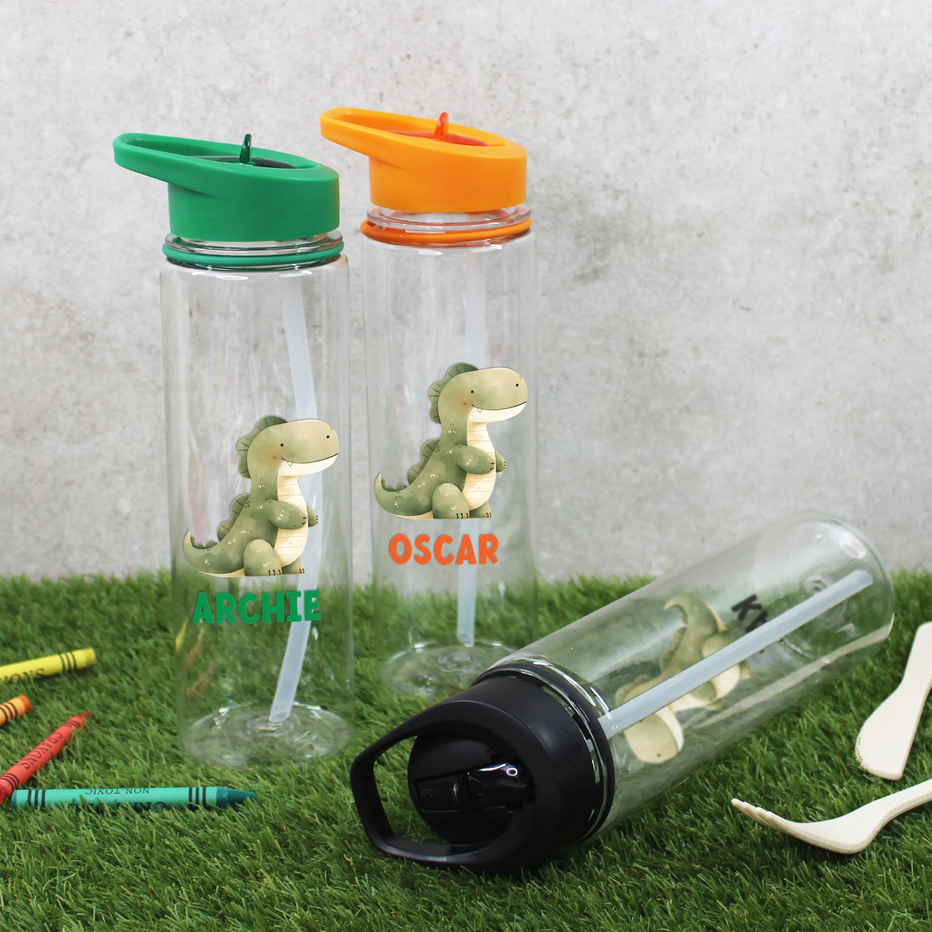 Personalised Children's Dinosaur Flip Straw Water Bottle, 725ml