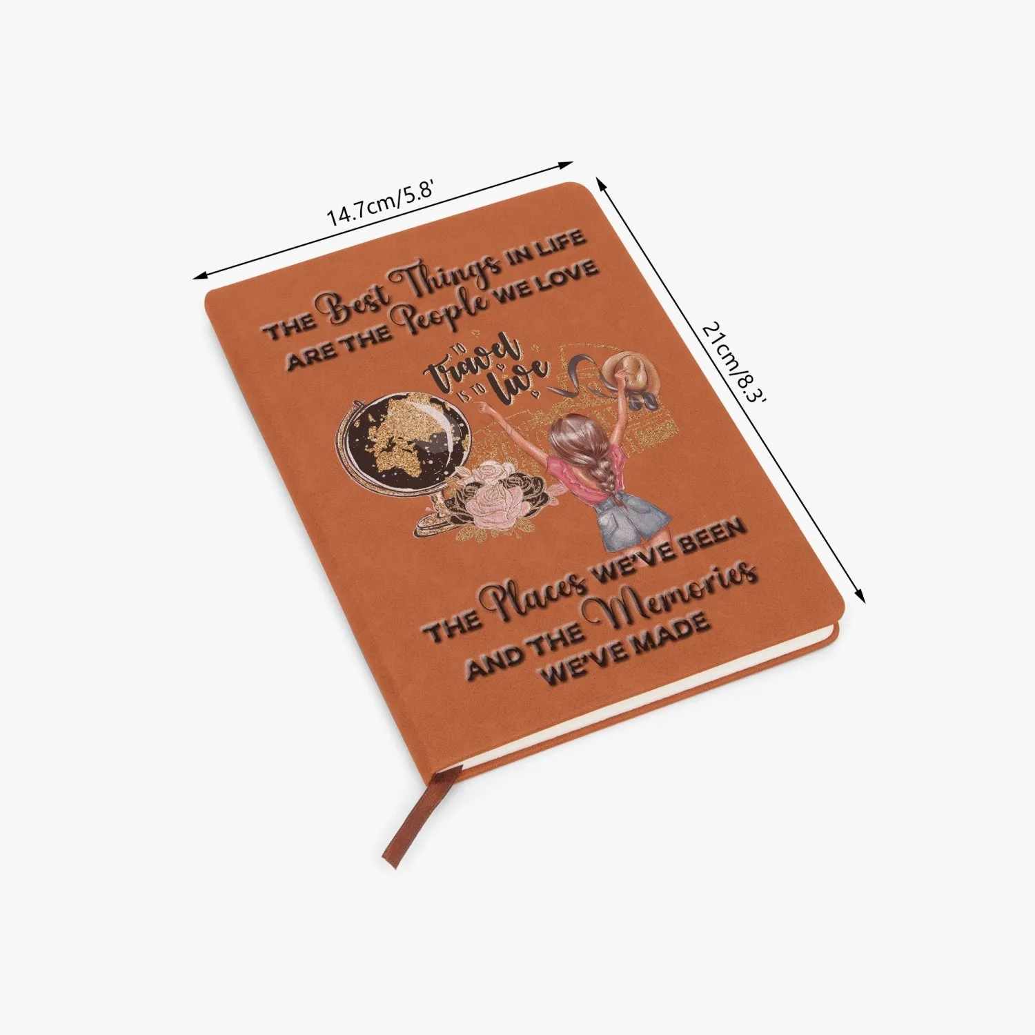 Personalised PU Leather Travel Journal Notebook, Girl with Globe, The best things