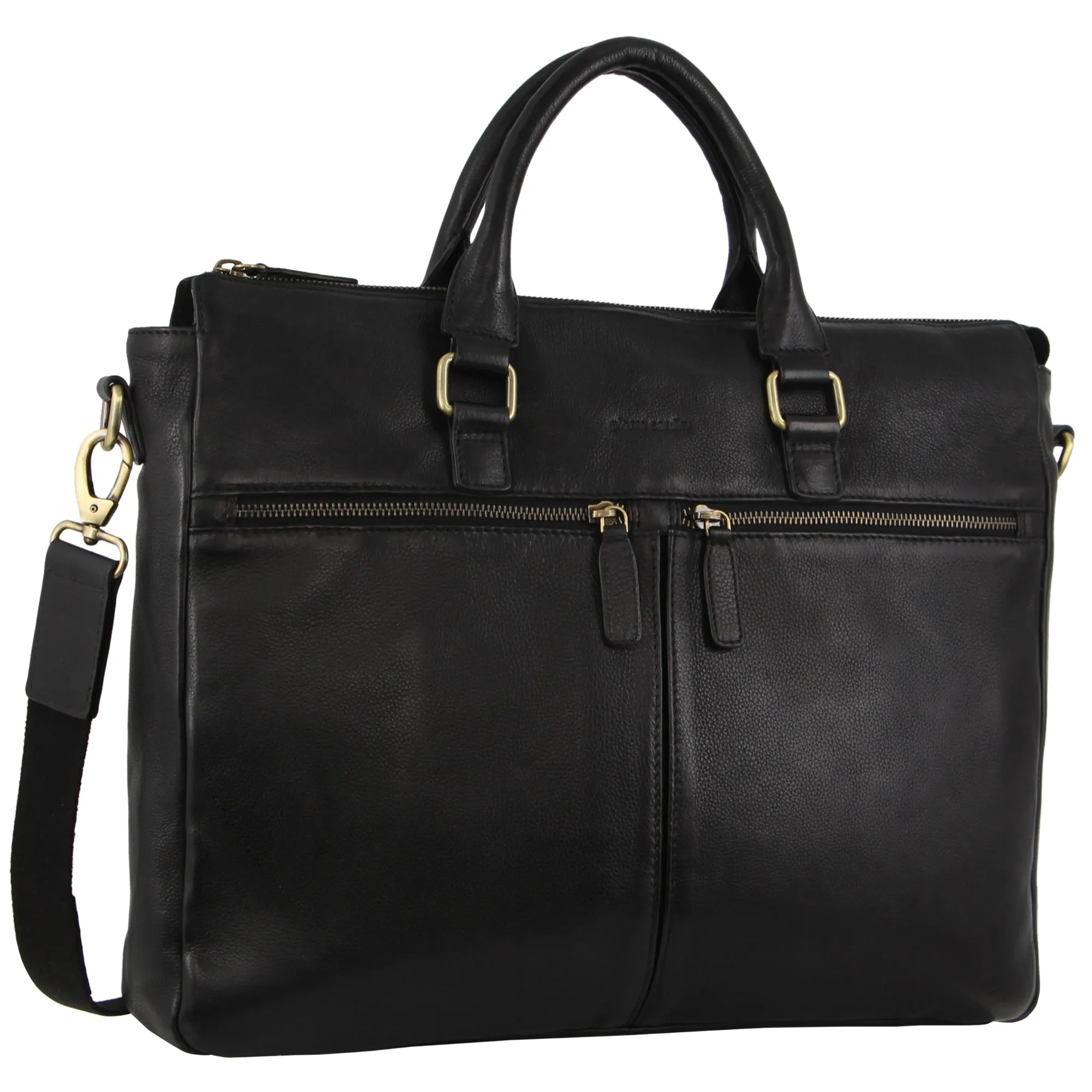 Pierre Cardin Rustic Leather Multi-Zipper Computer Bag in Black