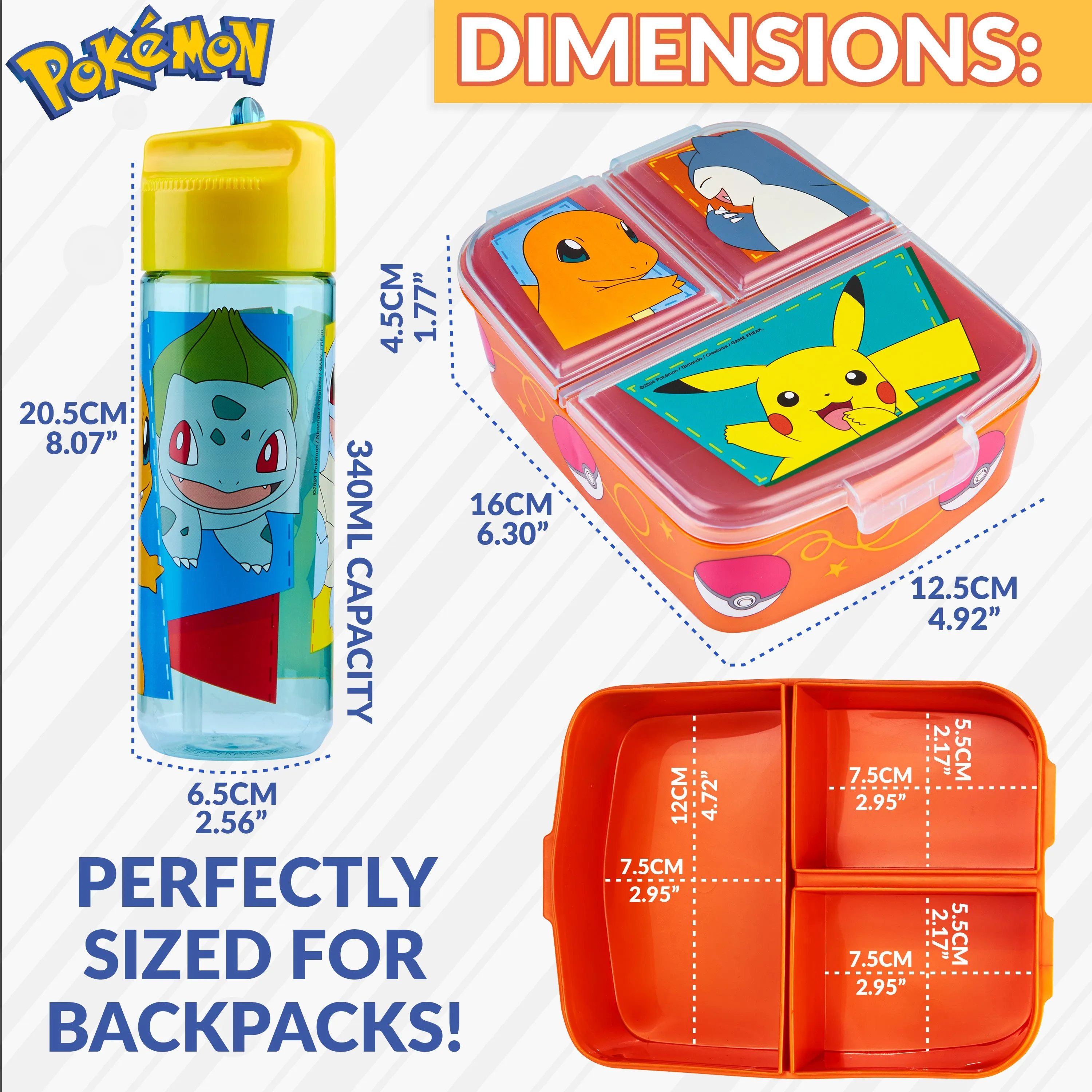 Pokemon Kids Lunchbox with Compartments and Water Bottle for School or Day Trips