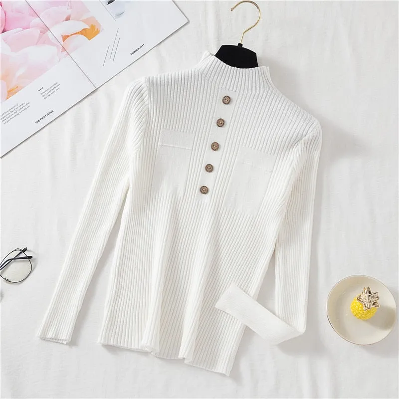 Pullover Women Sweater Autumn Knitted Button Long Sleeve Half Turtleneck Female Jumper Elastic Korean Fashion Blouse Top