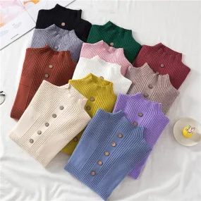 Pullover Women Sweater Autumn Knitted Button Long Sleeve Half Turtleneck Female Jumper Elastic Korean Fashion Blouse Top