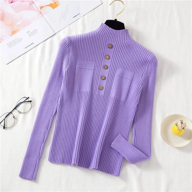 Pullover Women Sweater Autumn Knitted Button Long Sleeve Half Turtleneck Female Jumper Elastic Korean Fashion Blouse Top