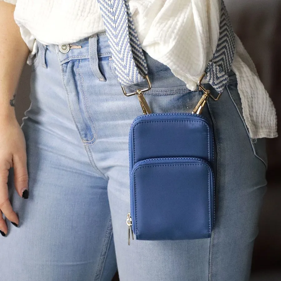 Recycled nylon denim blue phone bag