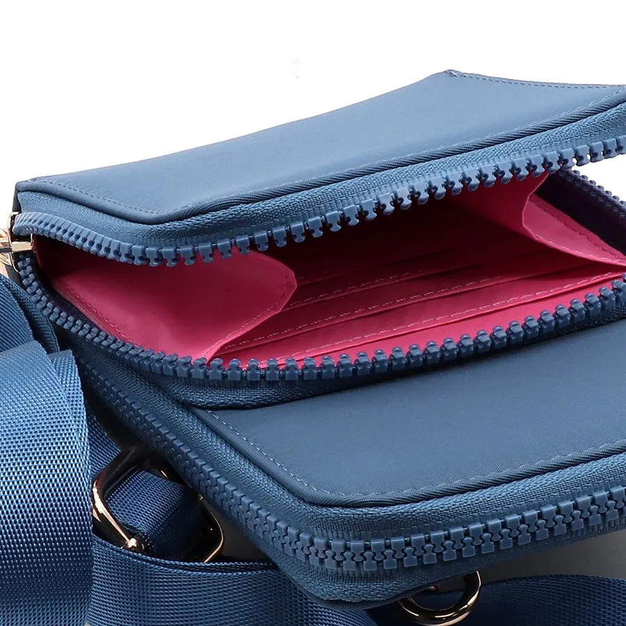 Recycled nylon denim blue phone bag