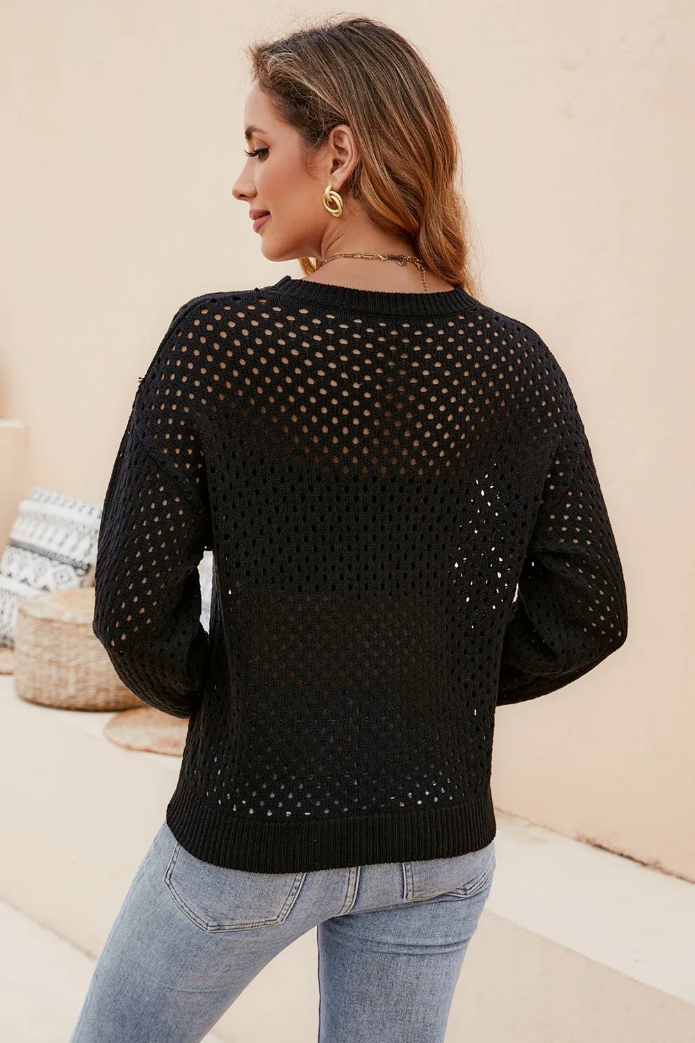 Round Neck Openwork Dropped Shoulder Knit Top