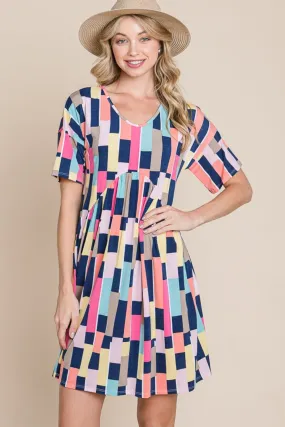 Ruched Color Block Short Sleeve Mini Dress