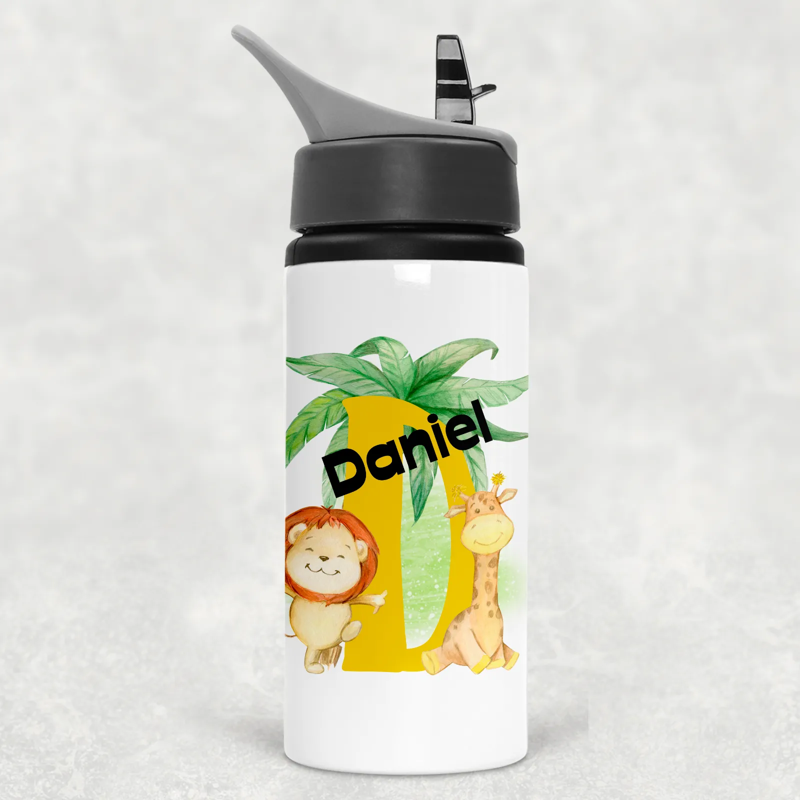 Safari Jungle Alphabet Personalised Aluminium Straw Water Bottle 650ml