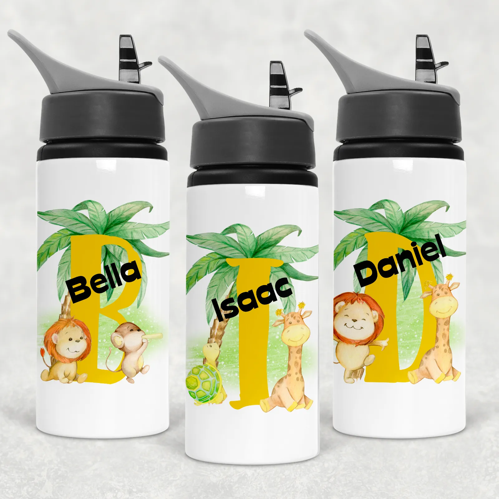 Safari Jungle Alphabet Personalised Aluminium Straw Water Bottle 650ml