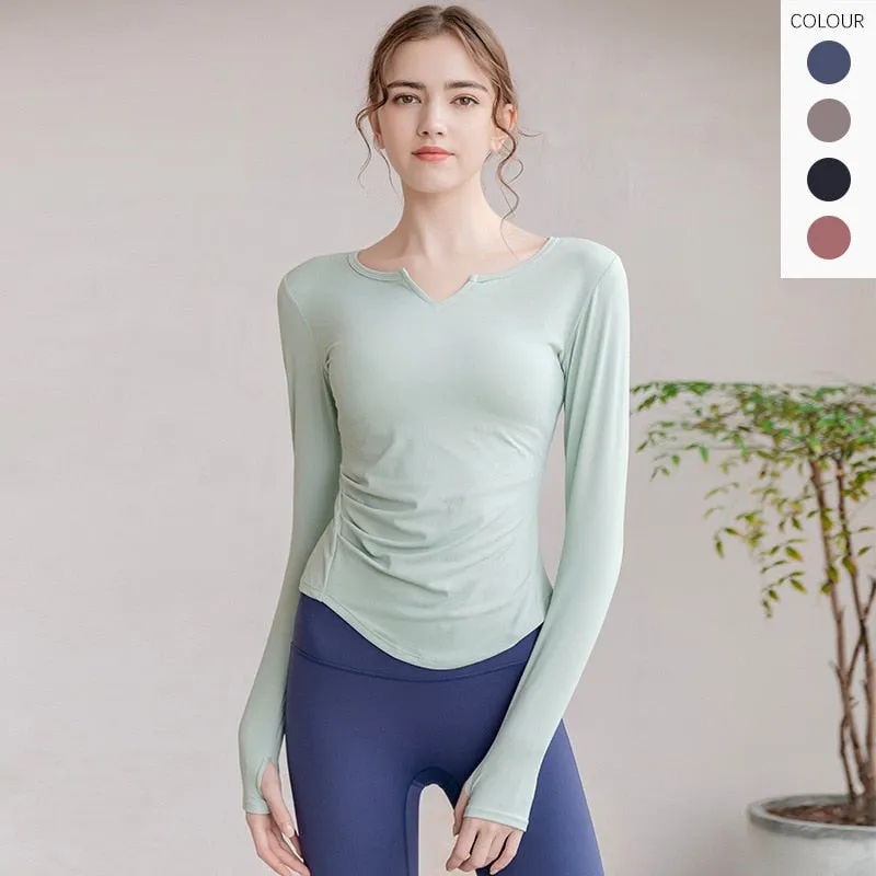 Seamless Long Sleeves Sports Yoga T-shirt V-neck Fitness High-quality Tops Tight Running Gym Activewear Workout Clothes Woman