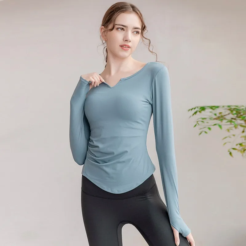 Seamless Long Sleeves Sports Yoga T-shirt V-neck Fitness High-quality Tops Tight Running Gym Activewear Workout Clothes Woman