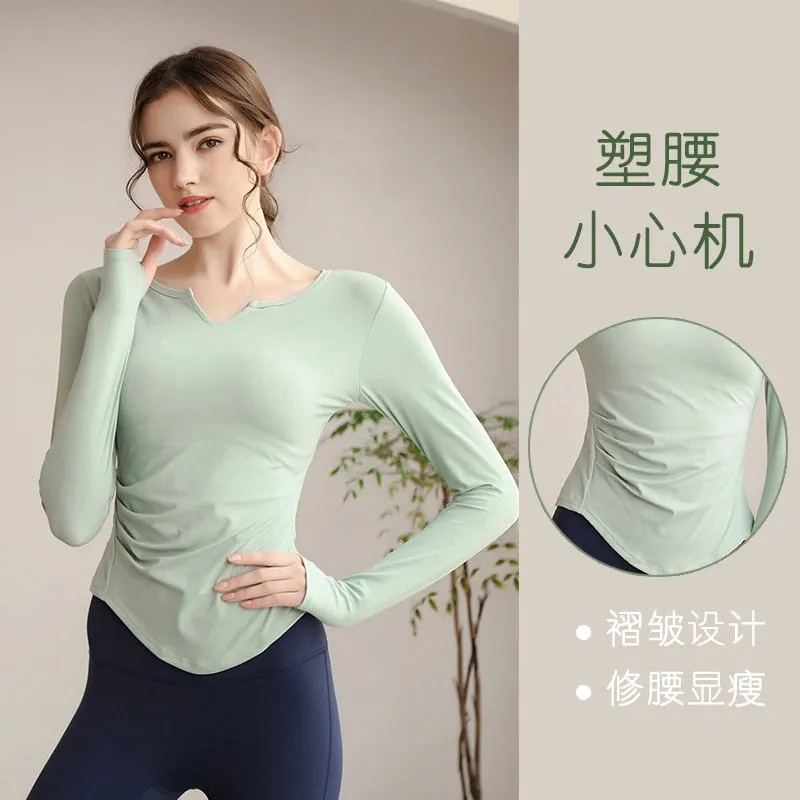 Seamless Long Sleeves Sports Yoga T-shirt V-neck Fitness High-quality Tops Tight Running Gym Activewear Workout Clothes Woman