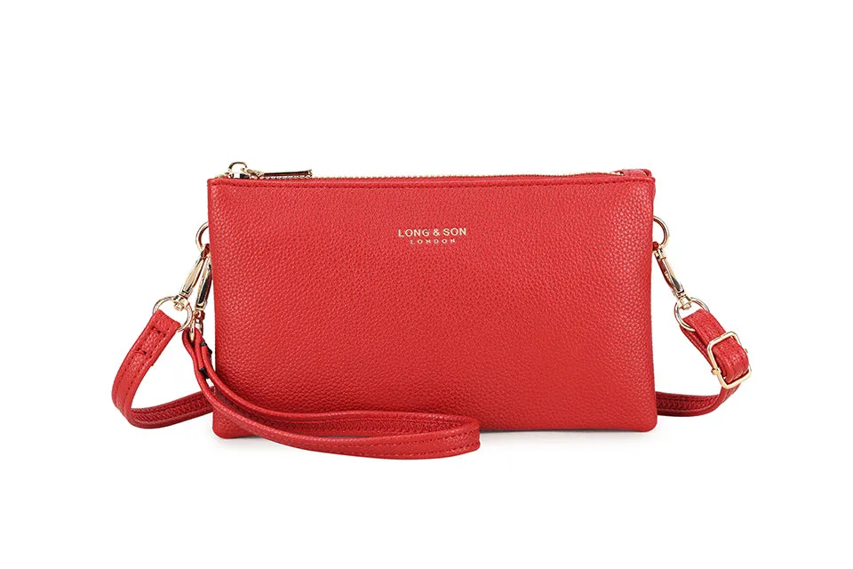 SMALL MULTI-POCKET CROSSBODY PURSE BAG WITH WRIST AND LONG STRAPS - RED