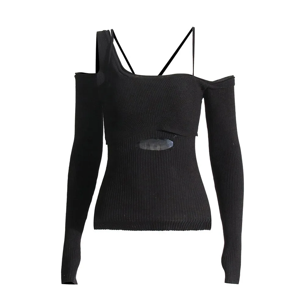 Solid Slim Sweaters For Women Irregular Neck Long Sleeve Hollow Out Sexy Sweater Female Fashion Clothing