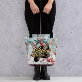 Spread the Message: Kindness is My Religion with Canvas Tote Bag Cherry Blossom Floral Bag | KMR01