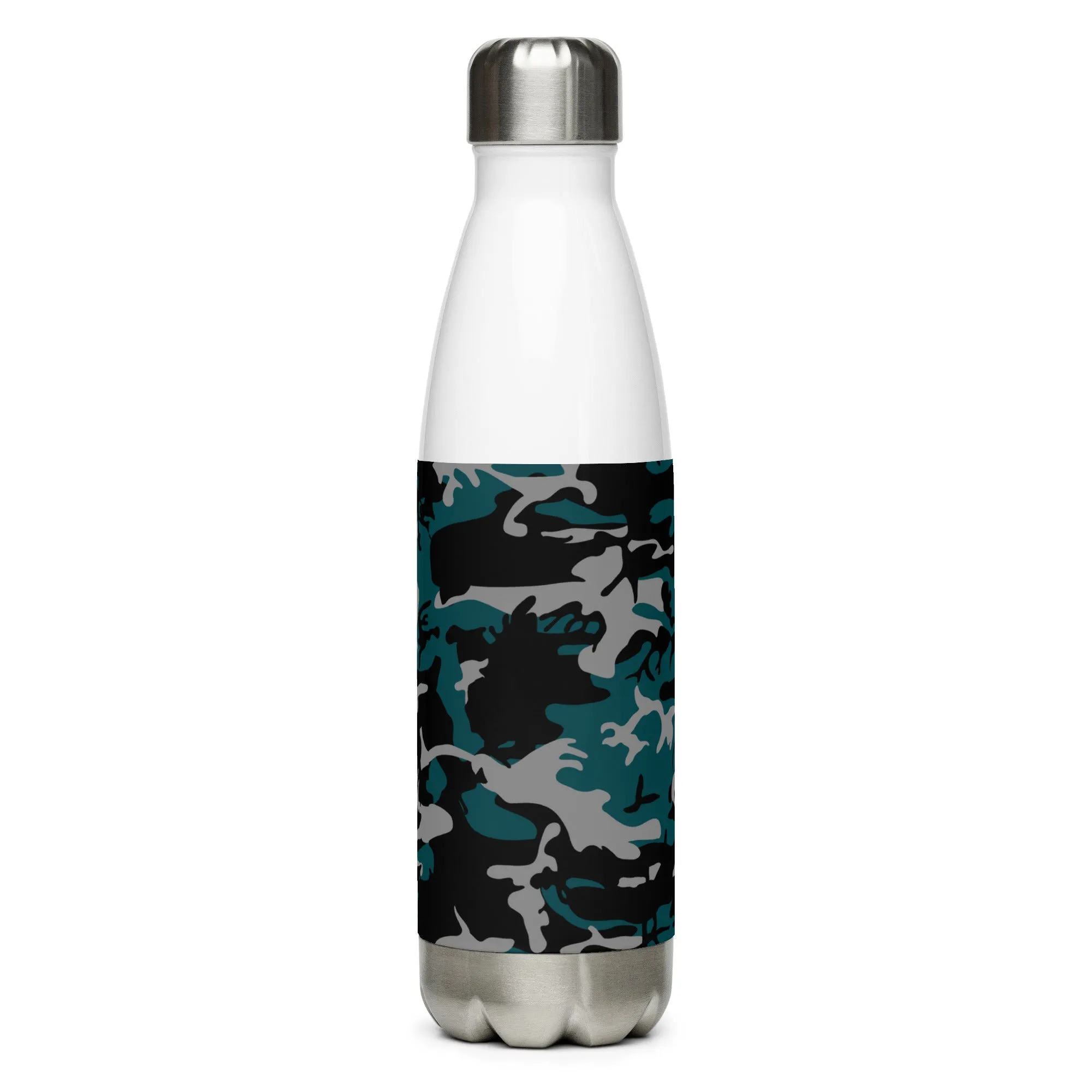 Stainless steel water bottle teal, gray, and black camouflage