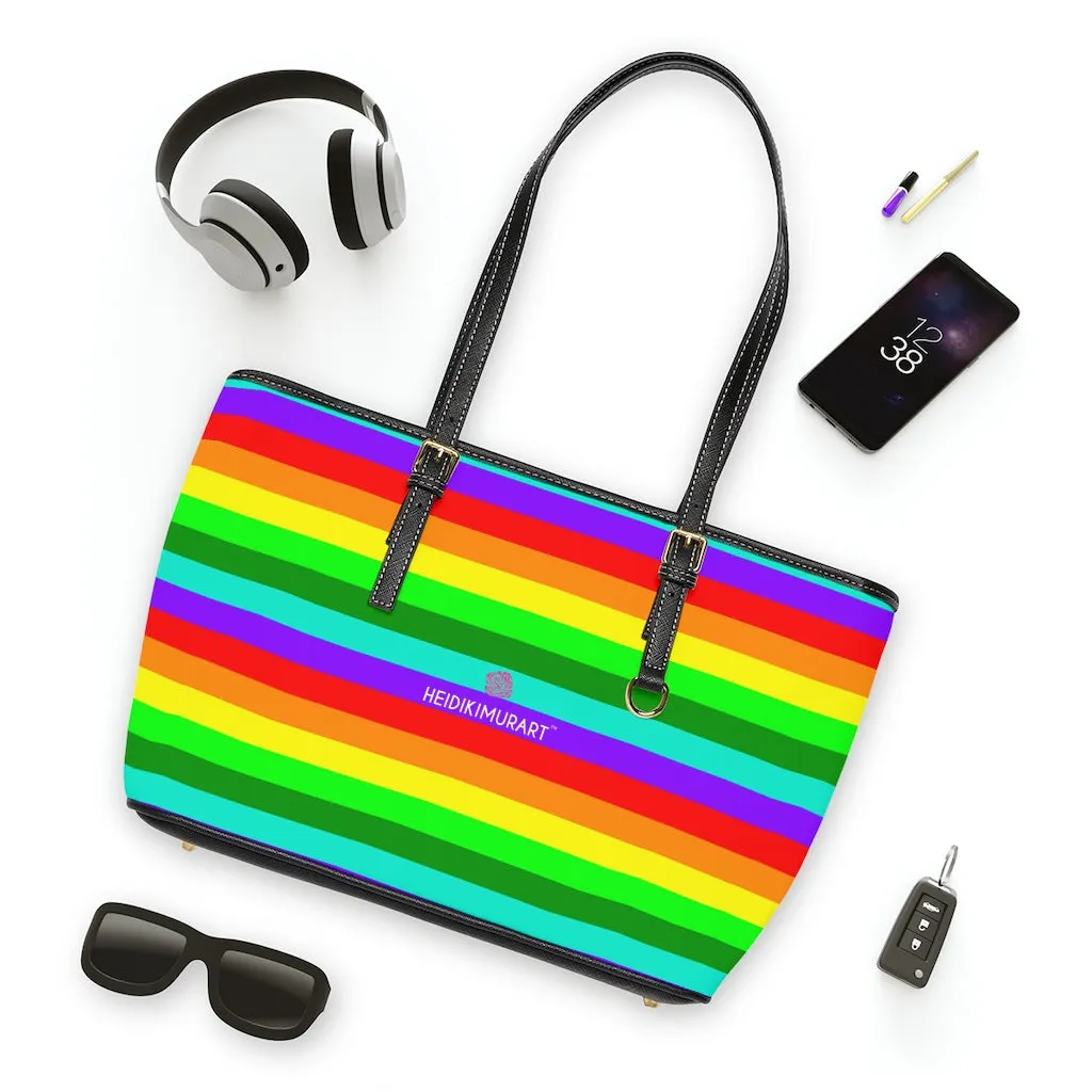 Stripes Rainbow Tote Bag, Best Designer PU Leather Shoulder Hand Work Bag 17"x11"/ 16"x10"