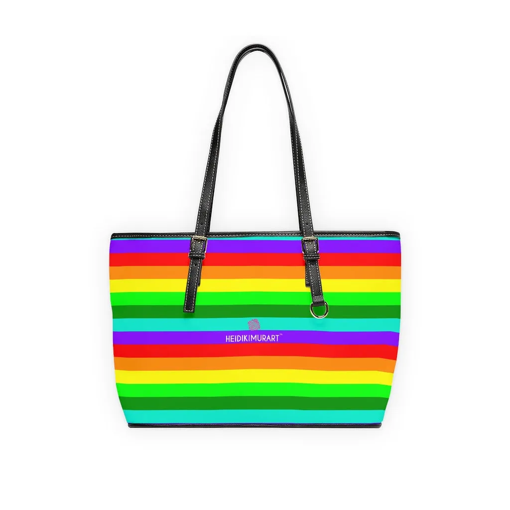 Stripes Rainbow Tote Bag, Best Designer PU Leather Shoulder Hand Work Bag 17"x11"/ 16"x10"