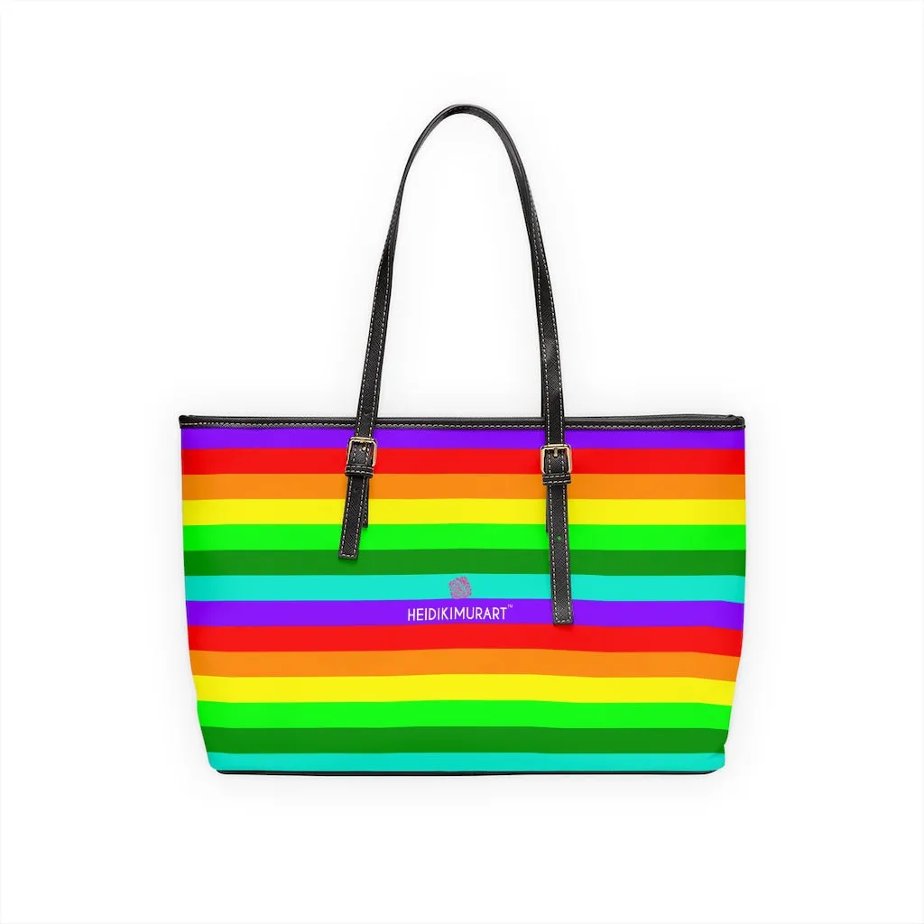 Stripes Rainbow Tote Bag, Best Designer PU Leather Shoulder Hand Work Bag 17"x11"/ 16"x10"