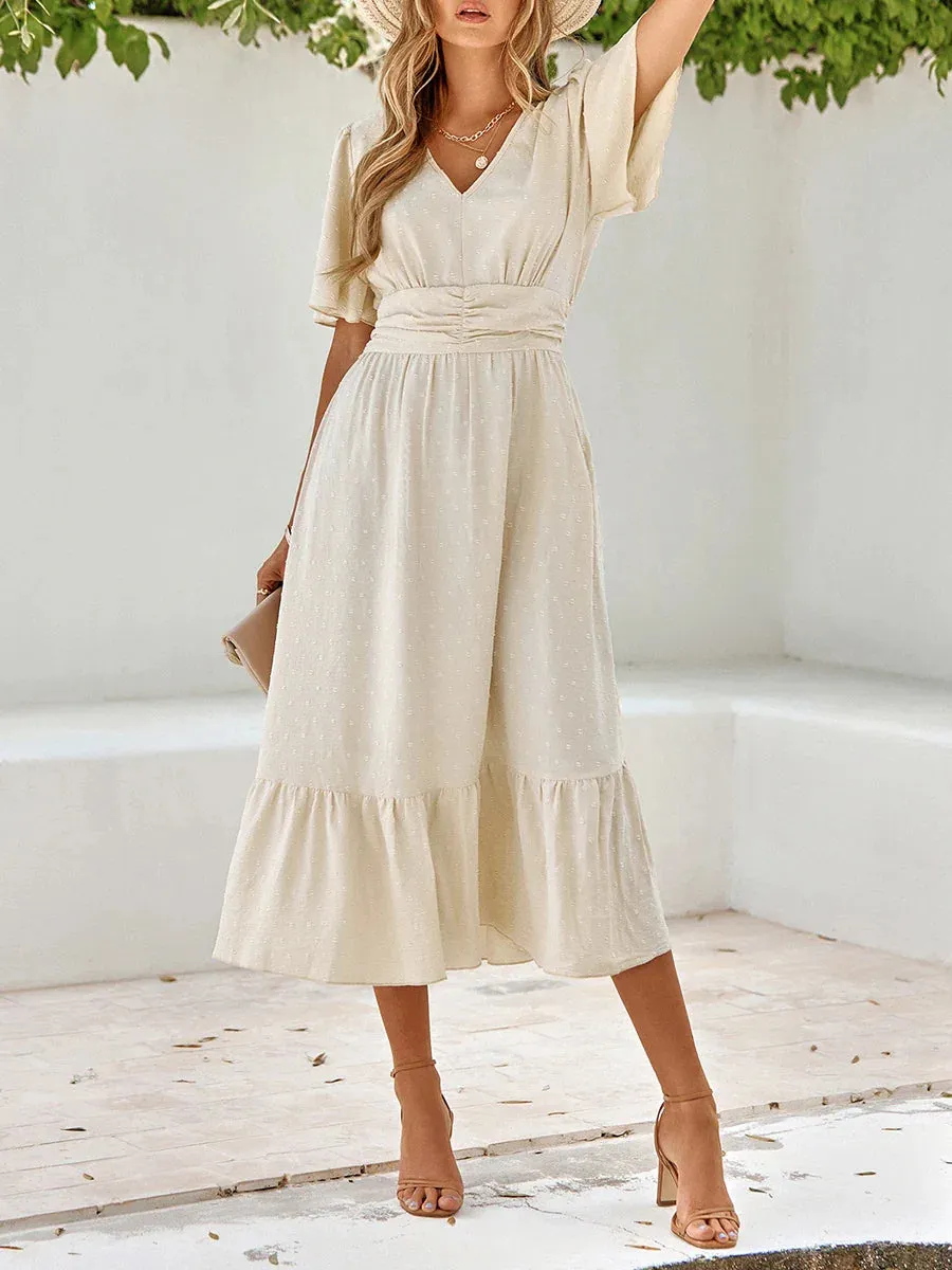 Summer Long Dress Solid Color Swiss Dot V-Neck Ruffles Short Sleeve Sweet Fashion Casual Women Dress