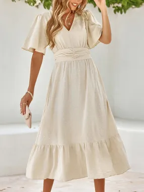 Summer Long Dress Solid Color Swiss Dot V-Neck Ruffles Short Sleeve Sweet Fashion Casual Women Dress