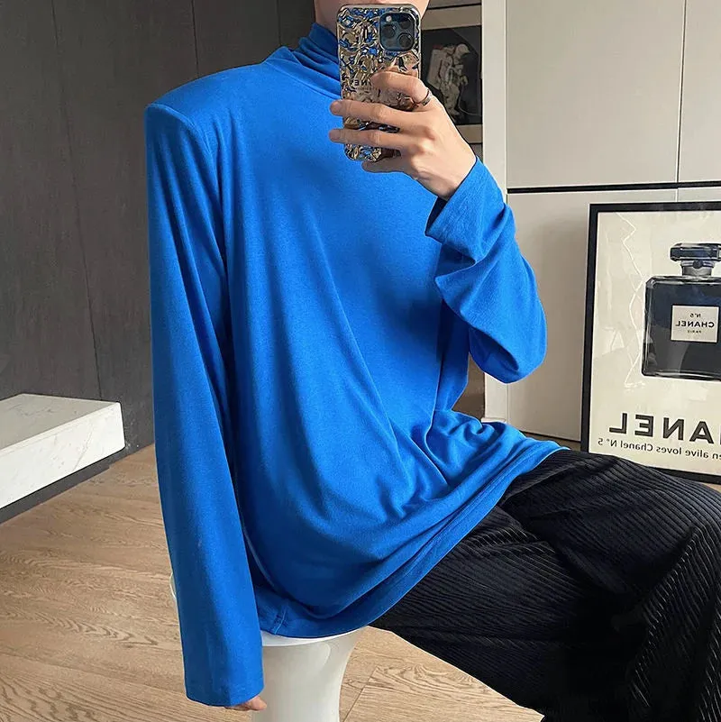 Turtleneck Simple Solid Color Men's T-shirt Long Sleeve Korean Male Top Shoulder Pad Summer Autumn New Fashion Tees 9A2222