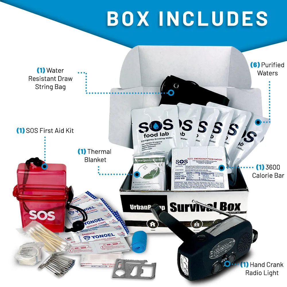 UrbanPrepp 72 Hour Elite Survival Box - 1 Person Emergency Food, Water, Thermal Blanket, Emergency Rations for Floods, Blackout, Earthquake, Car, Work, School