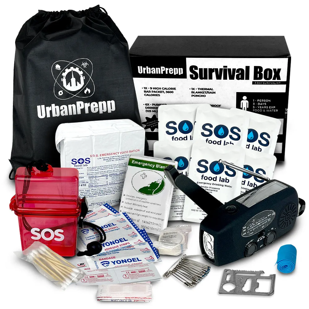 UrbanPrepp 72 Hour Elite Survival Box - 1 Person Emergency Food, Water, Thermal Blanket, Emergency Rations for Floods, Blackout, Earthquake, Car, Work, School