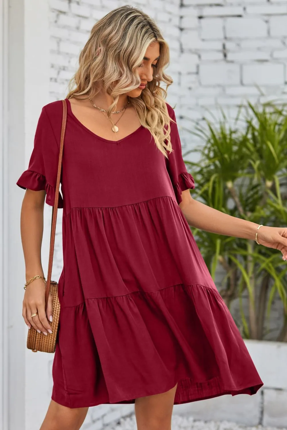 V-Neck Flounce Sleeve Tiered Dress (BWD)(WS06)T