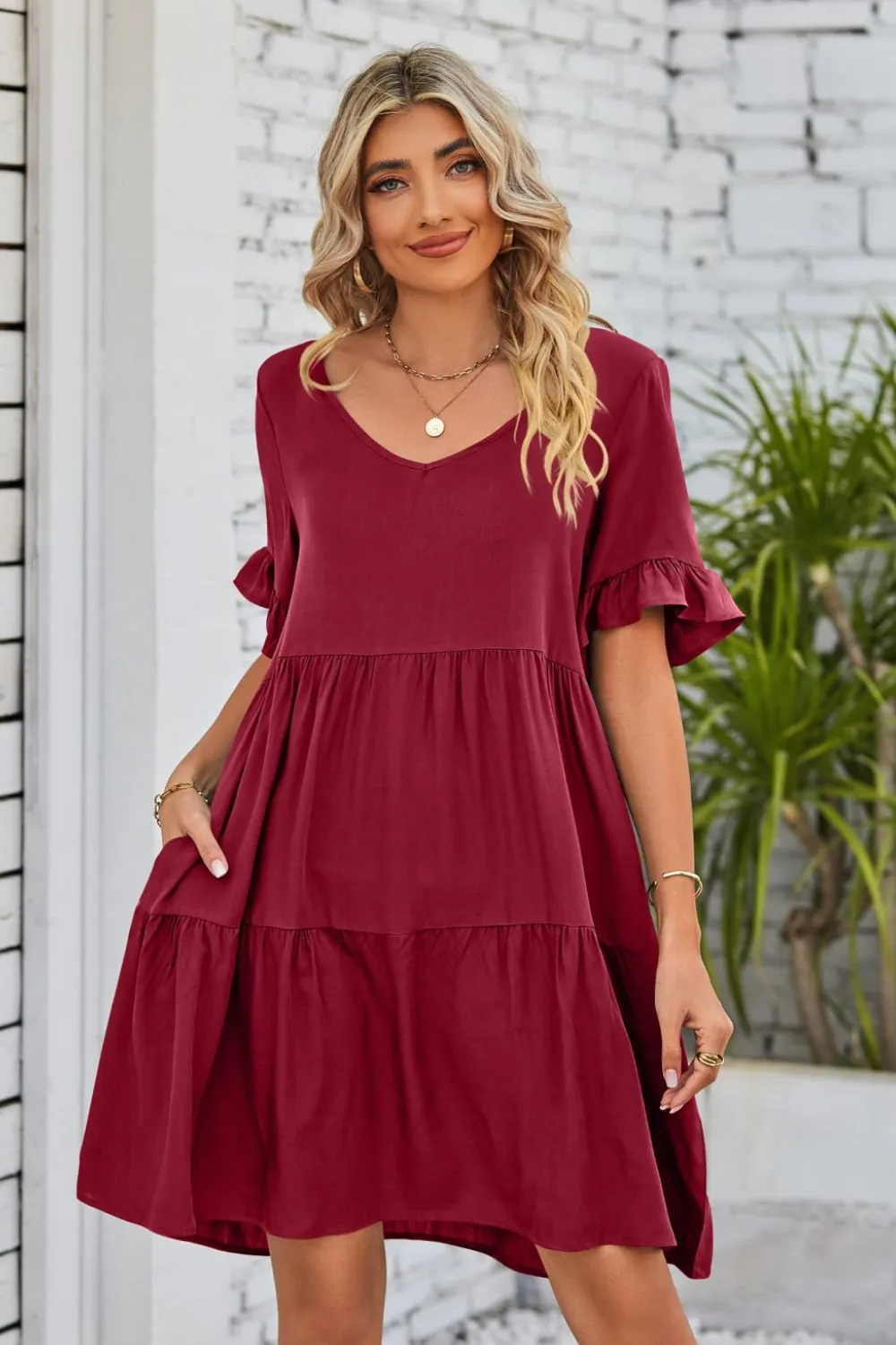 V-Neck Flounce Sleeve Tiered Dress (BWD)(WS06)T