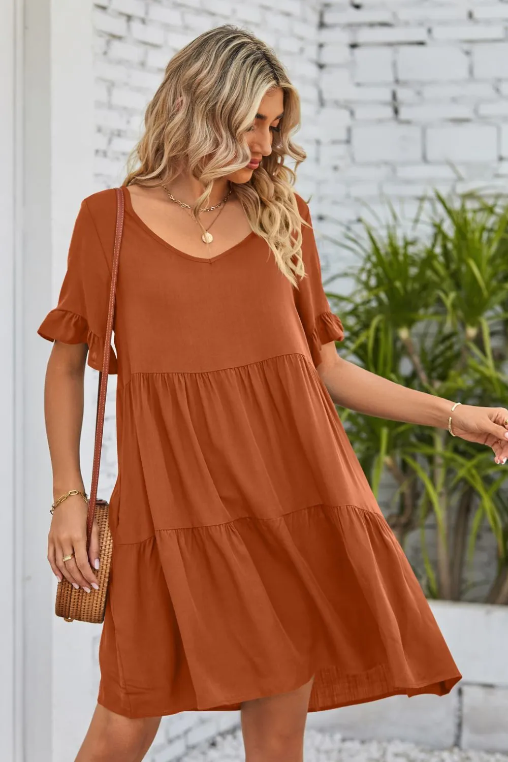 V-Neck Flounce Sleeve Tiered Dress (BWD)(WS06)T