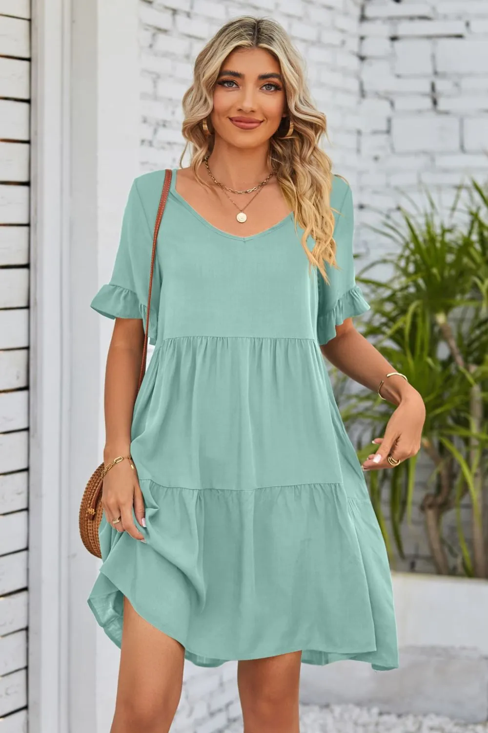 V-Neck Flounce Sleeve Tiered Dress (BWD)(WS06)T