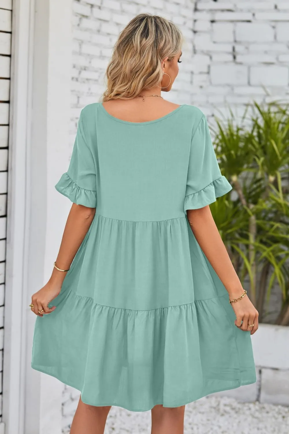 V-Neck Flounce Sleeve Tiered Dress (BWD)(WS06)T