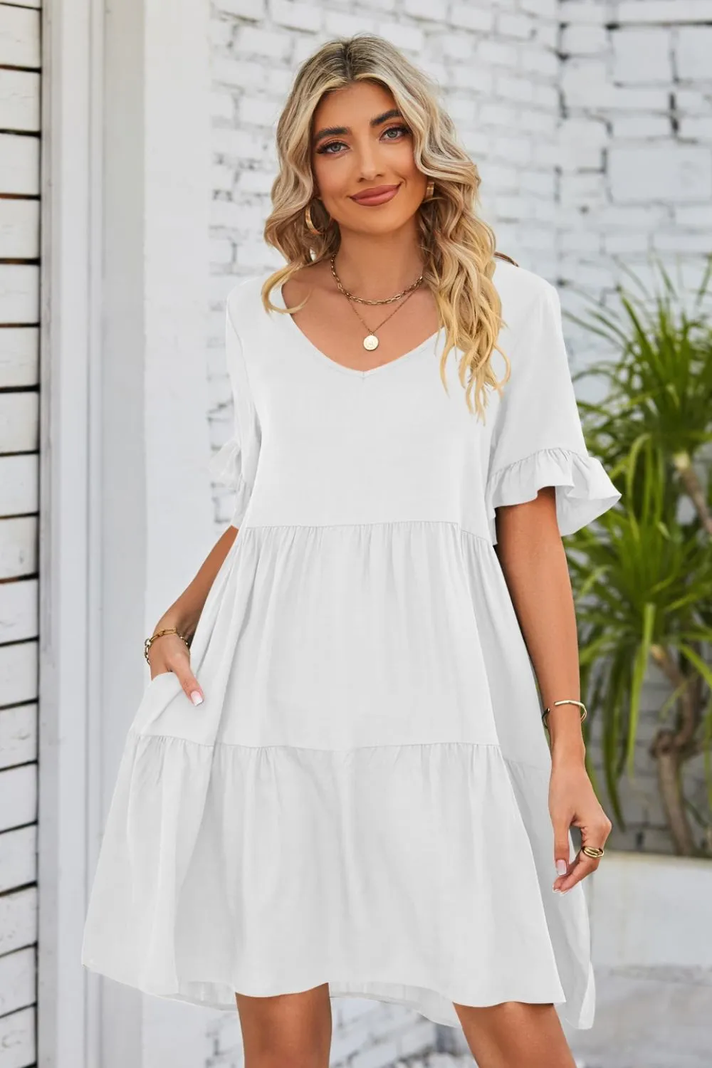 V-Neck Flounce Sleeve Tiered Dress (BWD)(WS06)T