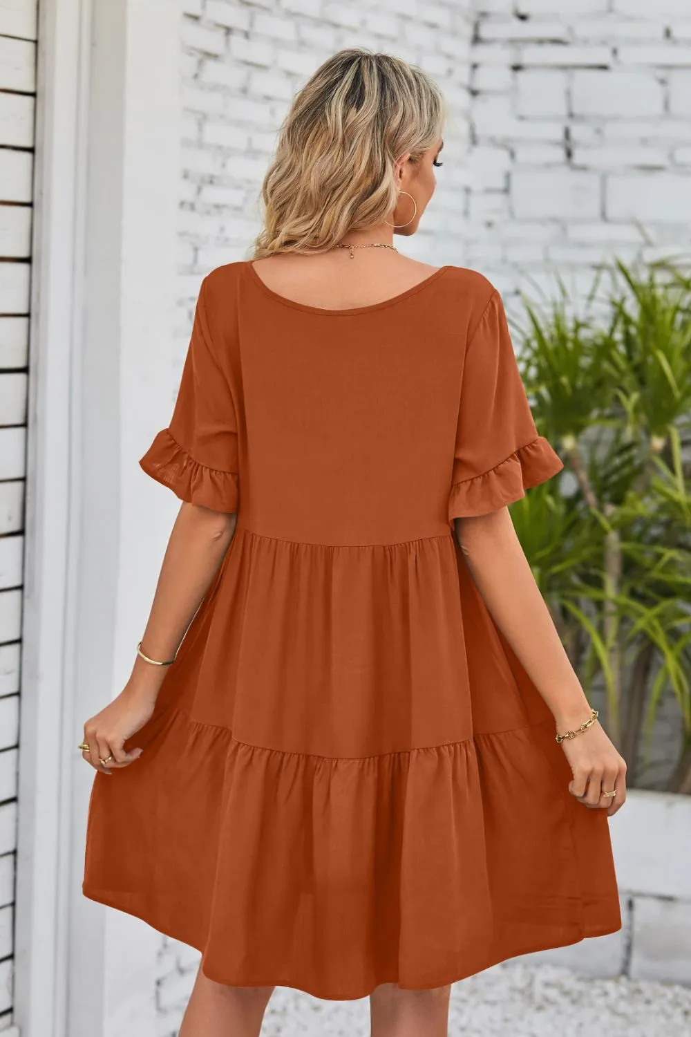 V-Neck Flounce Sleeve Tiered Dress (BWD)(WS06)T