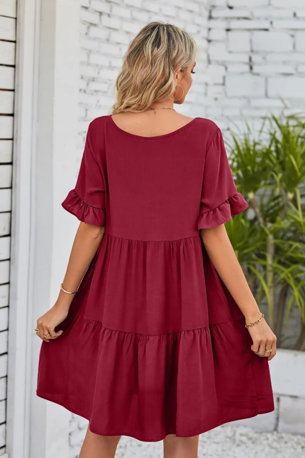 V-Neck Flounce Sleeve Tiered Dress (BWD)(WS06)T