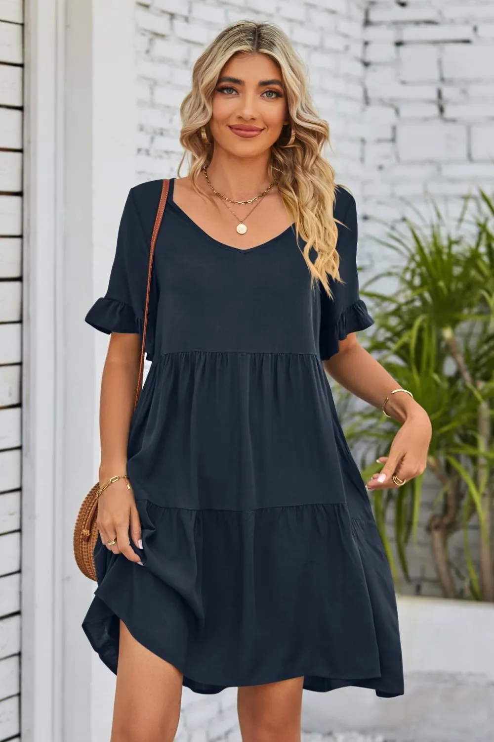 V-Neck Flounce Sleeve Tiered Dress (BWD)(WS06)T