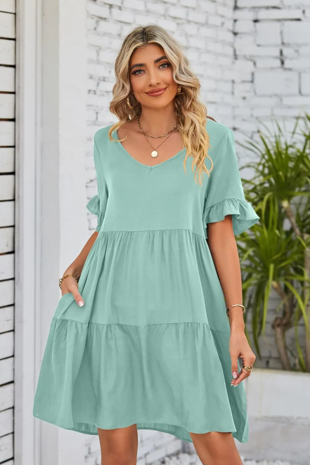 V-Neck Flounce Sleeve Tiered Dress (BWD)(WS06)T