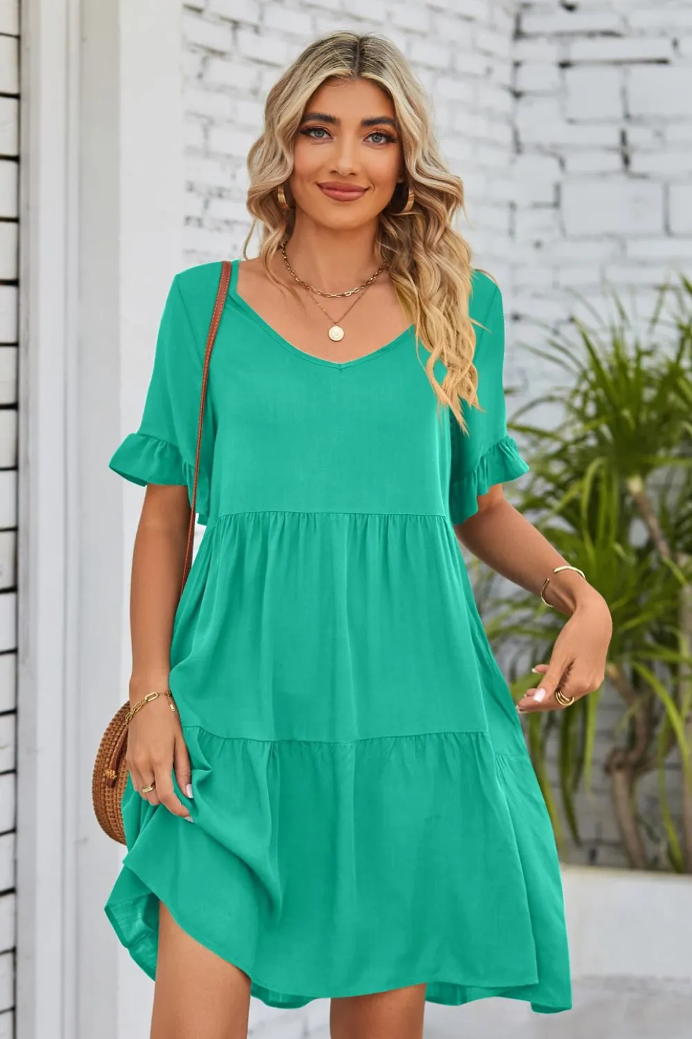 V-Neck Flounce Sleeve Tiered Dress (BWD)(WS06)T