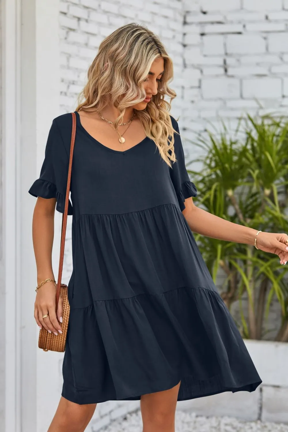 V-Neck Flounce Sleeve Tiered Dress (BWD)(WS06)T