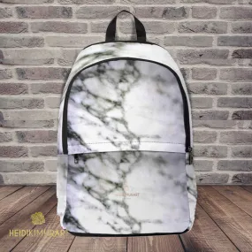 White Marble Print School Bag, Modern White Marble Print Designer Unisex Fabric Travel School Backpack