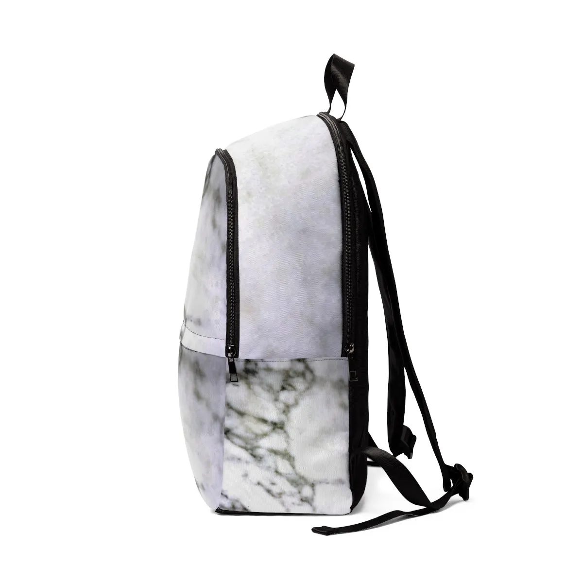 White Marble Print School Bag, Modern White Marble Print Designer Unisex Fabric Travel School Backpack