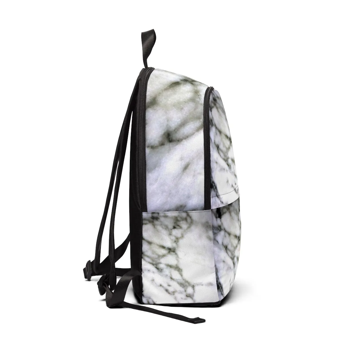 White Marble Print School Bag, Modern White Marble Print Designer Unisex Fabric Travel School Backpack