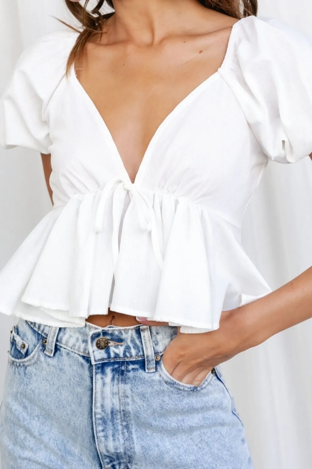 White Plunge Neckline Short Sleeve Top