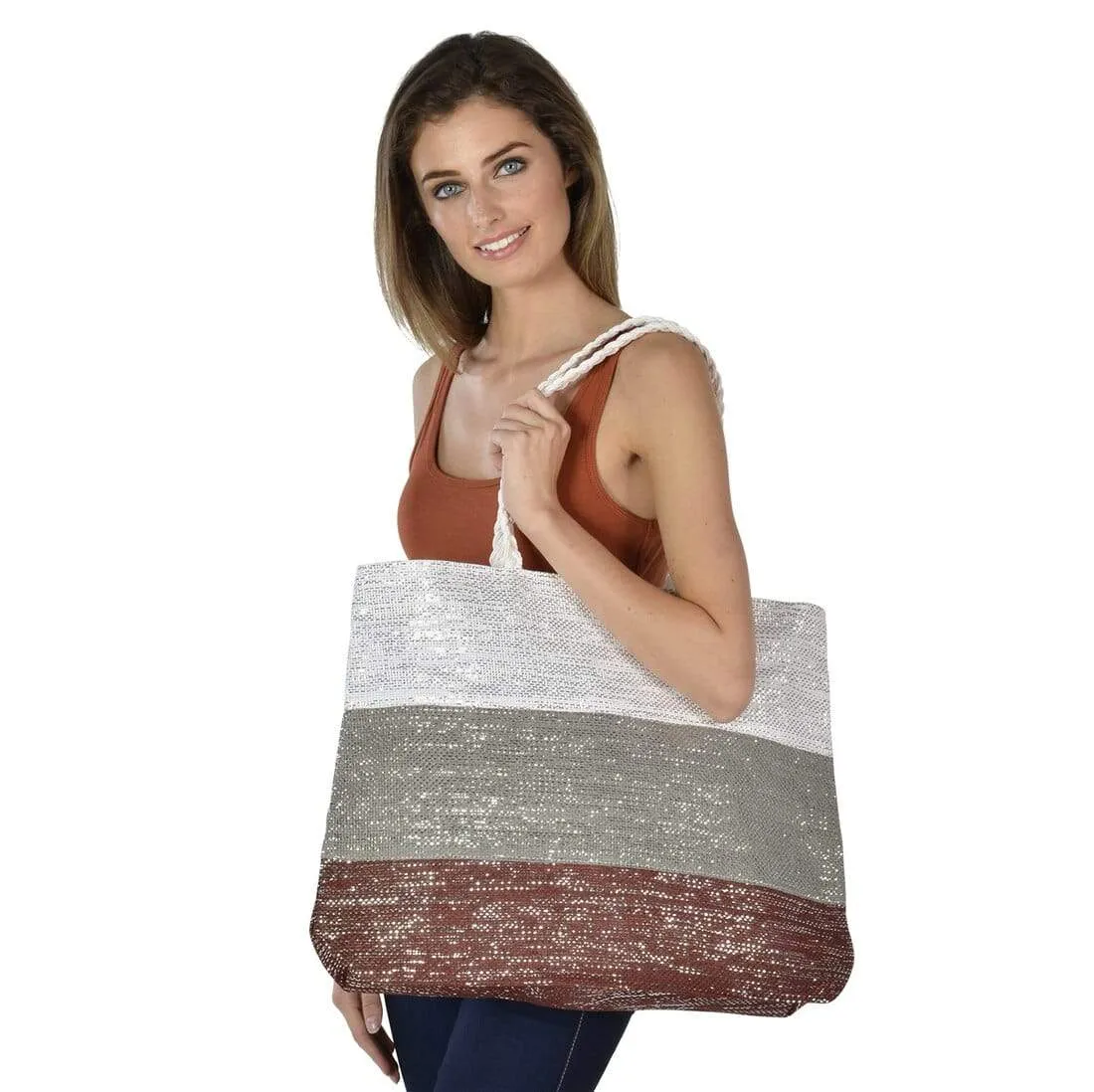 Womens Stripe Sparkle Holiday Beach Shoulder Bag Tote